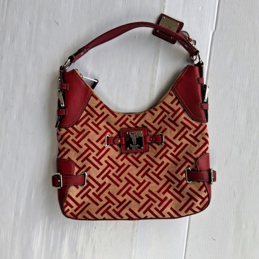Tignanello Women's Signature Monogram Jacquard Canvas Handbag Leather Trims Red